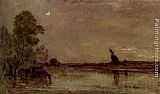 Daubigny Paintings - L'Abreuvoir, Effet De Lune by Charles-Francois Daubigny